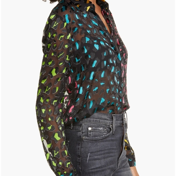 Alice + Olivia Sheer Black Blouse with Multicolor Print - Picture 2 of 11